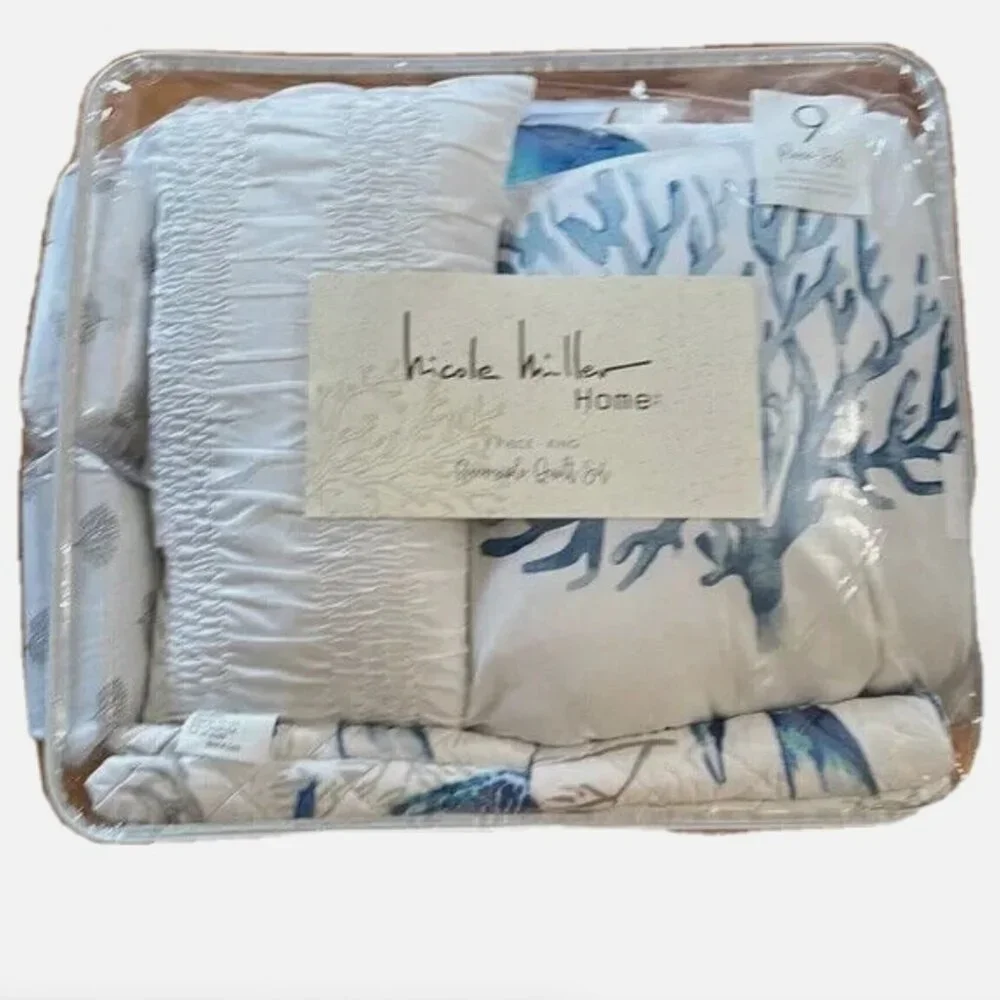 9pc Nicole Miller Blue Fish Coral Ocean QUEEN Quilt Set Sham Sheet Throw Pillow